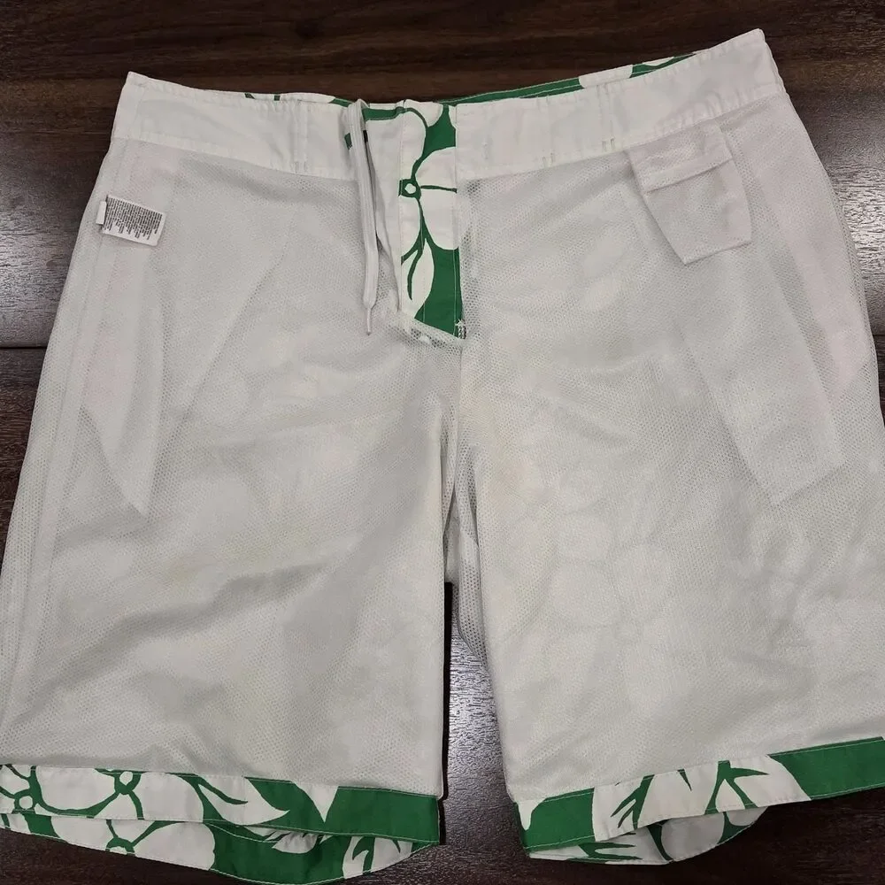 Old Navy Mens L Board Shorts Green White Floral Hawaiian Print Drawstring Swim